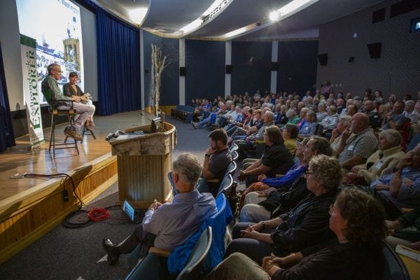 Explorer publisher Tracy Ormsbee interviews Bill McKibben Wednesday, August 28 at The Wild Center. Photo by Mike Lynch
