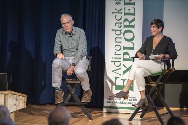 Explorer publisher Tracy Ormsbee interviews Bill McKibben Wednesday, August 28 at The Wild Center. Photo by Mike Lynch