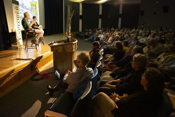 Explorer publisher Tracy Ormsbee interviews Bill McKibben Wednesday night at The Wild Center. Photo by Mike Lynch