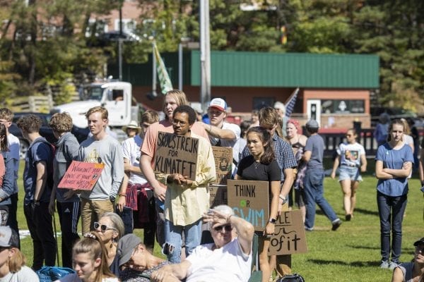 Many high school students from the Tri-Lakes left school to participate in Friday's climate strike held at Riverside Park in Saranac Lake. Overall several hundred people attended the demonstration. Photo by Mike Lynch