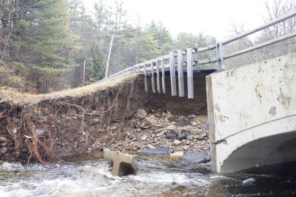 This bridge near the corner of Hadley Hill Road and North Shore Road in Hadley was washed out by flooding on Paul Creek during the Halloween storm. Photo by Mike Lynch