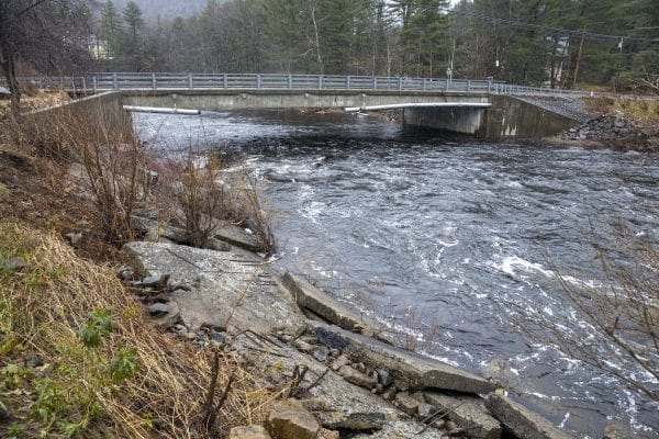 The Sacandaga River flows under the Algronquin Drive bridge just below Lake Algonquin in the town of Wells. Waters flowed over this bridge during the Halloween storm. Photo by Mike Lynch