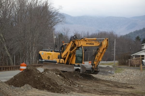 The shoulder of Route 73 near Marcy Field in Keene Valley washed out during the Halloween storm and had to be repaired. Photo by Mike Lynch