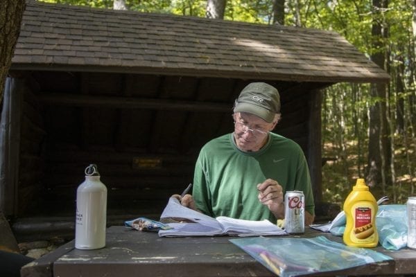 Sam Eddy at the Sand Lake lean-to. Photo by Mike Lynch