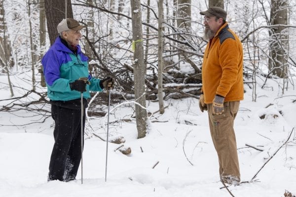 Jim Frenette and John Gillis talk at the James C. Frenette Sr. Recreational Trails in Tupper Lake.