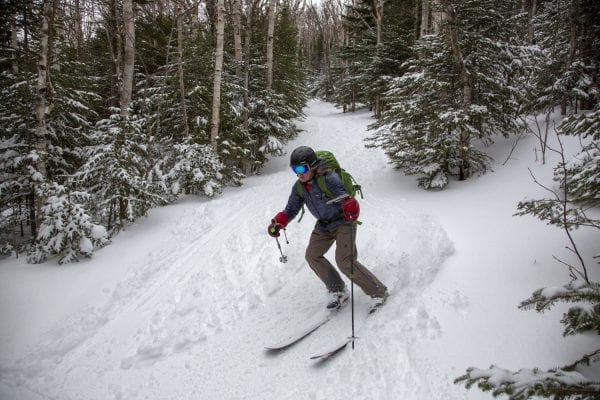 Adirondack Powder Skier Association President Ron Konowitz skies the Wright Peak Ski Trail in March 2020, a trail the association hopes the state will upgrade in the future. Photo by Mike Lynch