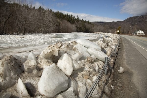 An ice jam formed in March in Upper Jay on the East Branch of the Ausable River, causing flooding. Photo by Mike Lynch
