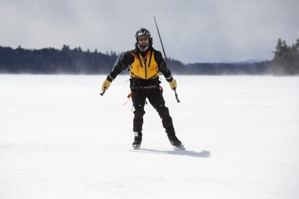 Dan Spada skates on Lower Saranac Lake in March 2020. Spada is part of a group of of Nordic skaters who explore wild ice in the Adirondacks.  Photo by Mike Lynch