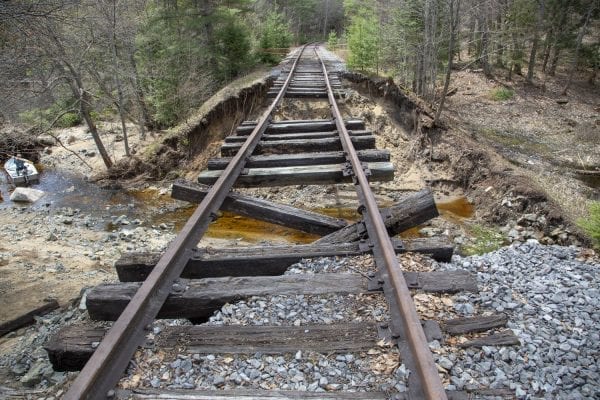 The rail corridor that runs alongside Hoel Pond in the northern Adirondacks washed out sometime this spring. This photo was taken in May. Photo by Mike Lynch