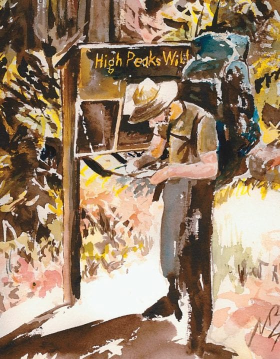 a painting of a hiker signing a trail register on the northville-placid trail