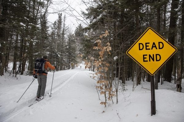 Phil Brown and Tim Peartree summited Hurricane Mountain on February 11, 2020, skiing the lower elevations and snowshoeing the steeper upper section of the trail. They used the Hurricane Mountain Lane trailhead in Elizabethtown. Photo by Mike Lynch