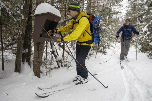 Phil Brown and Tim Peartree summited Hurricane Mountain on February 11, 2020, skiing the lower elevations and snowshoeing the steeper upper section of the trail. They used the Hurricane Mountain Lane trailhead in Elizabethtown. Photo by Mike Lynch