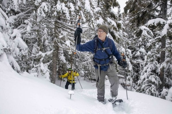 Phil Brown, shown here, and Tim Peartree summited Hurricane Mountain on a February 11, 2020, skiing the lower elevations and snowshoeing the steeper upper section of the trail. They used the Hurricane Mountain Lane trailhead in Elizabethtown. Photo by Mike Lynch