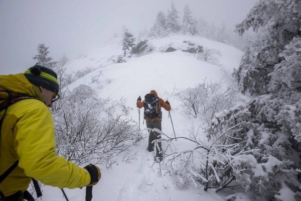 Phil Brown and Tim Peartree summited Hurricane Mountain on February 11, 2020, skiing the lower elevations and snowshoeing the steeper upper section of the trail. They used the Hurricane Mountain Lane trailhead in Elizabethtown. Photo by Mike Lynch