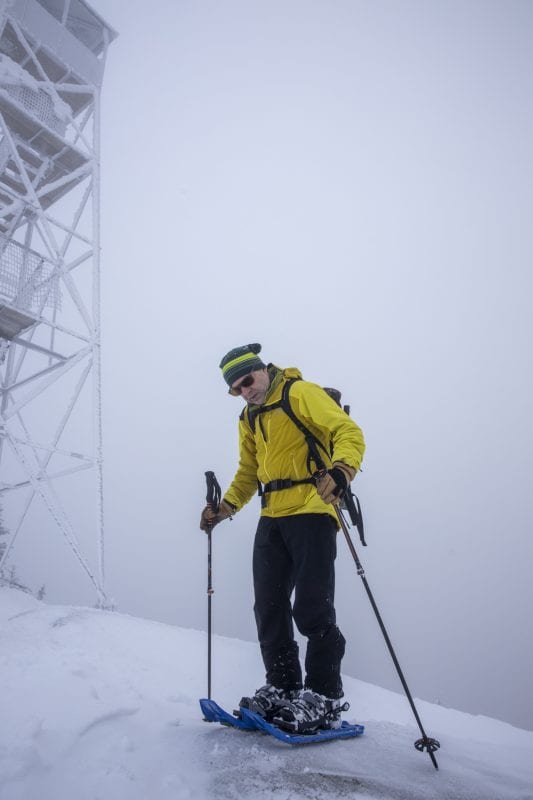 Phil Brown and Tim Peartree summited Hurricane Mountain on February 11, 2020, skiing the lower elevations and snowshoeing the steeper upper section of the trail. They used the Hurricane Mountain Lane trailhead in Elizabethtown. Photo by Mike Lynch