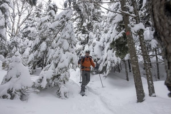 Phil Brown and Tim Peartree summited Hurricane Mountain on February 11, 2020, skiing the lower elevations and snowshoeing the steeper upper section of the trail. They used the Hurricane Mountain Lane trailhead in Elizabethtown. Photo by Mike Lynch