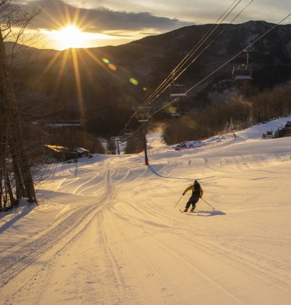 On cold winter mornings, skiers can be found skinning up Whiteface Mountain between the hours of 6 and 8:30 a.m. as part of the Uphill Skiing Program. Skiers do this for exercise, especially when there isn’t a lot of snow in the backcountry, to train for upcoming adventures, and to experience the scenery at sunrise. This activity has been occurring at Whiteface for decades, but it has become more popular and more regulated in recent years. Photo by Mike Lynch