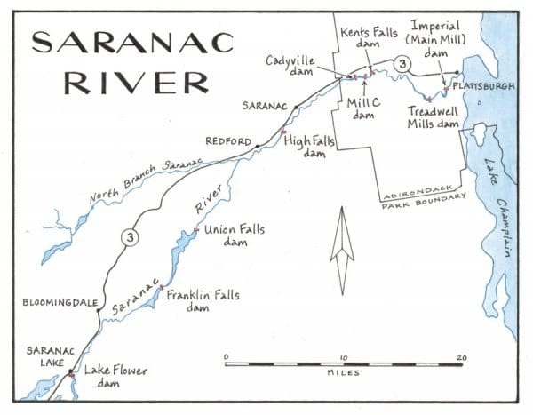 Map of Saranac River and its dams by Nancy Bernstein.