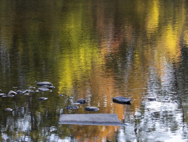 Fall foliage colors reflect off the Saranac River. Photo by Mike Lynch