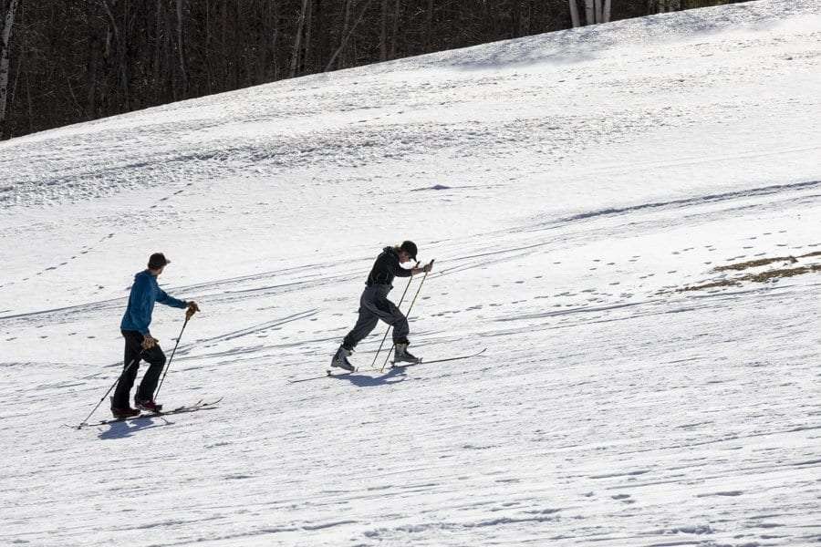 Skiers skin up Mount Pisgah, the first phase of the Saranac Lake 3P.