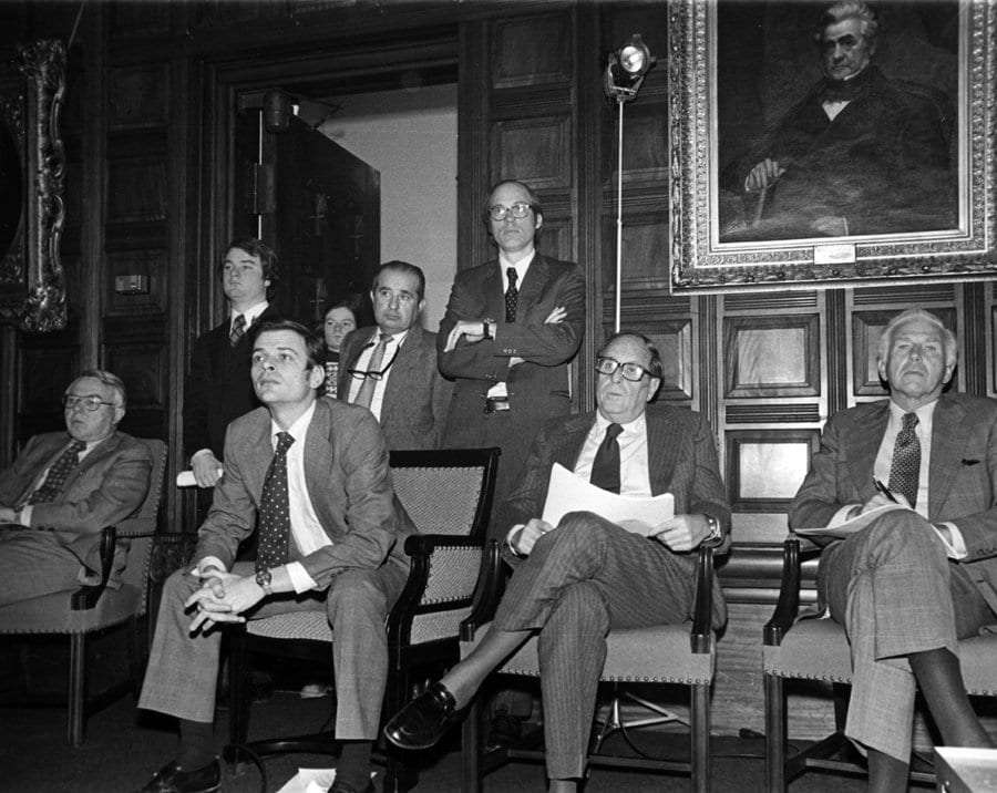 Legislator Perry Duryea, right, watches a budget presentation in 1977 with other lawmakers.