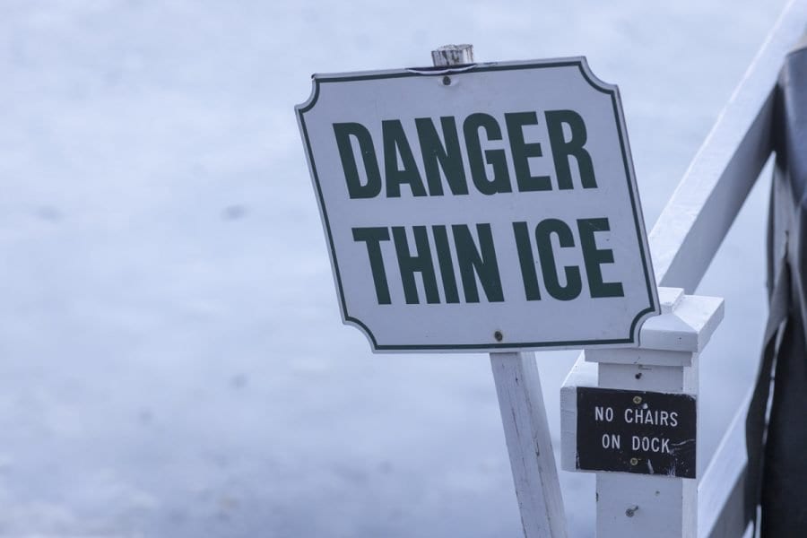 The ice out watch on area lakes has begun with recent warm weather. Mirror Lake in Lake Placid was completely covered with ice on March 22, but should see some melting in the near future. Photo by Mike Lynch