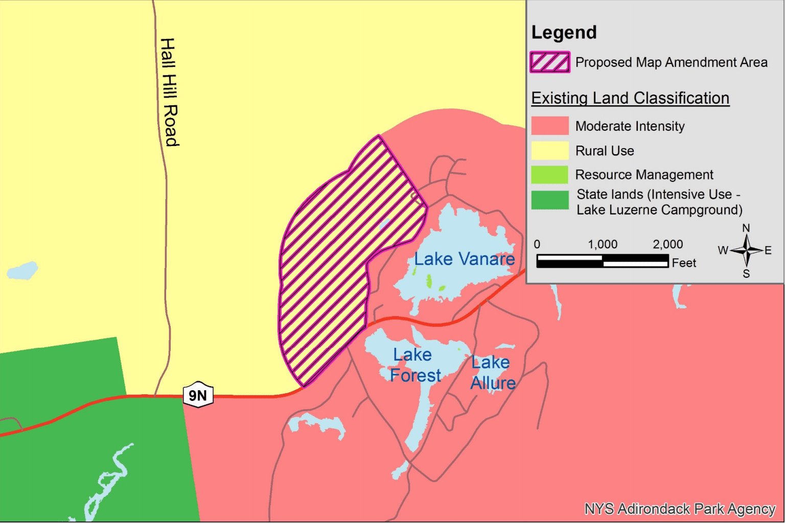 This Adirondack Park Agency map shows approximately where the Town of Lake Luzerne proposed a map amendment change.