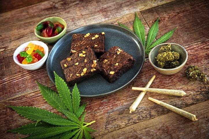 Marijuana candies, brownies, joints and leaves.