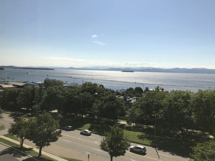 Burlington's waterfront, with the Adirondacks in the distance across Lake Champlain.
