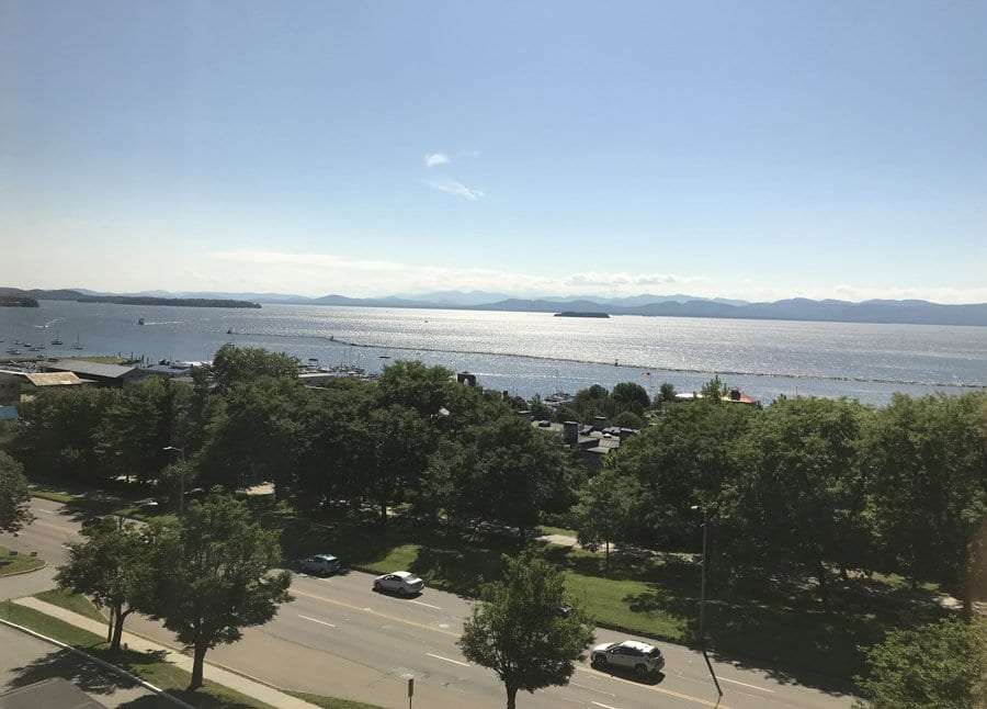 Burlington's waterfront, with the Adirondacks in the distance across Lake Champlain.