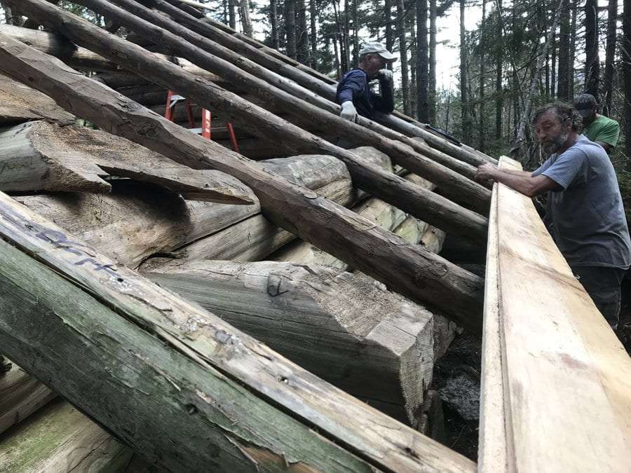 Adding a new roof on Beaver Point lean-to