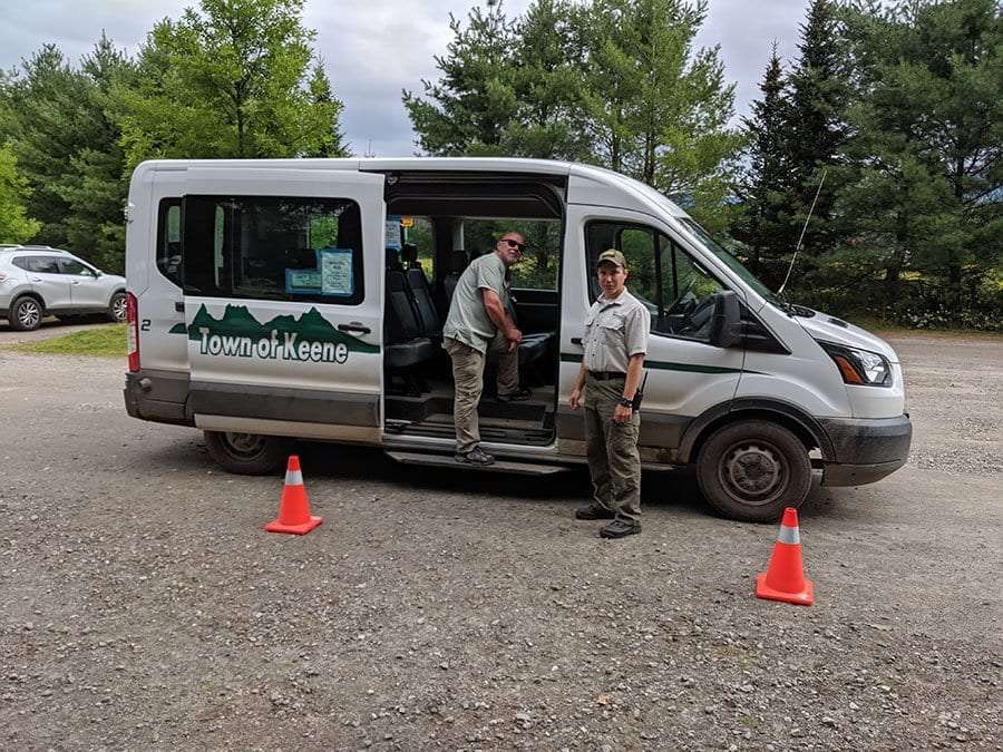 Garden parking lot shuttle for hikers in Keene, NY.