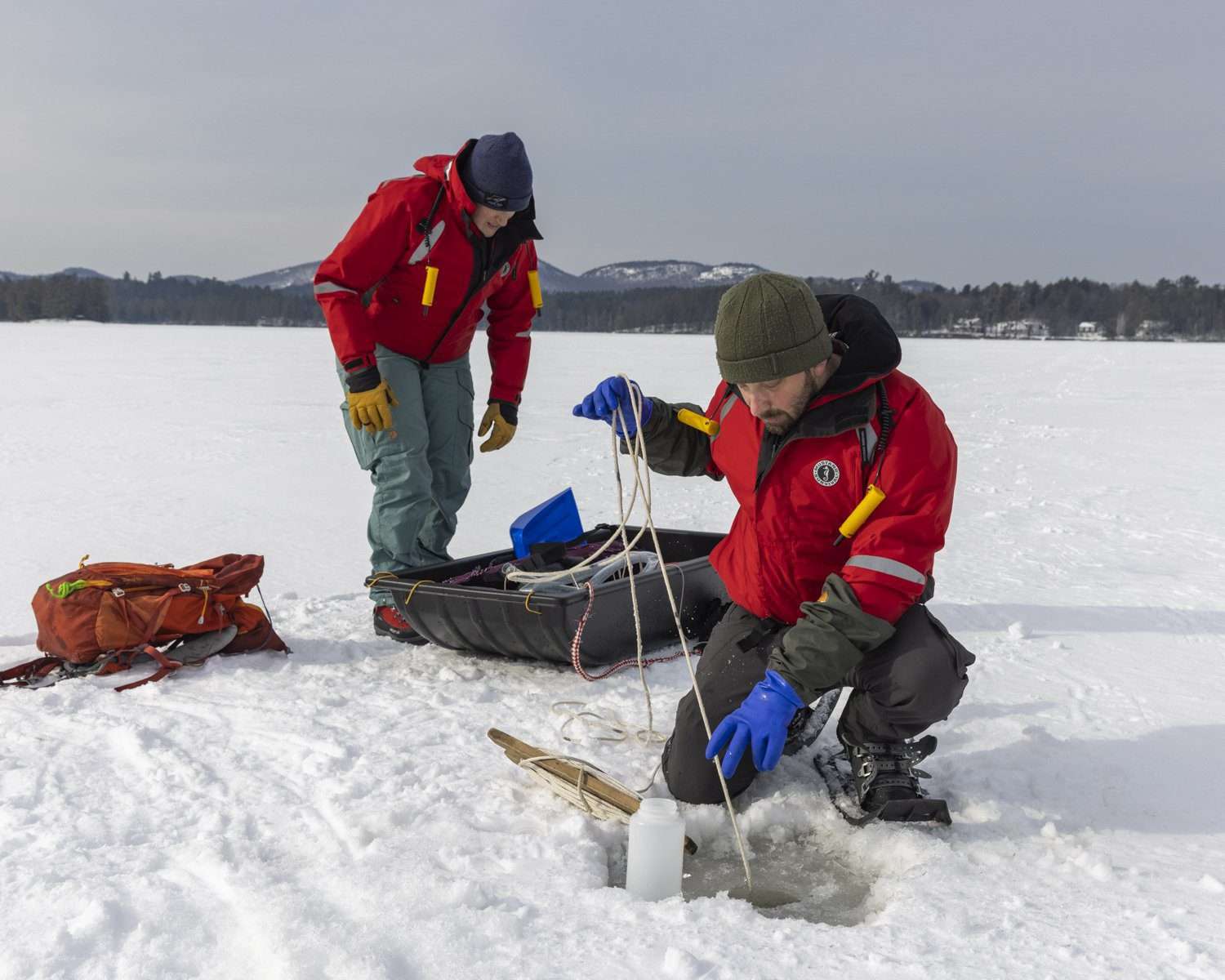 Adirondack scientists gather water samples on Lower St. Regis Lake. 