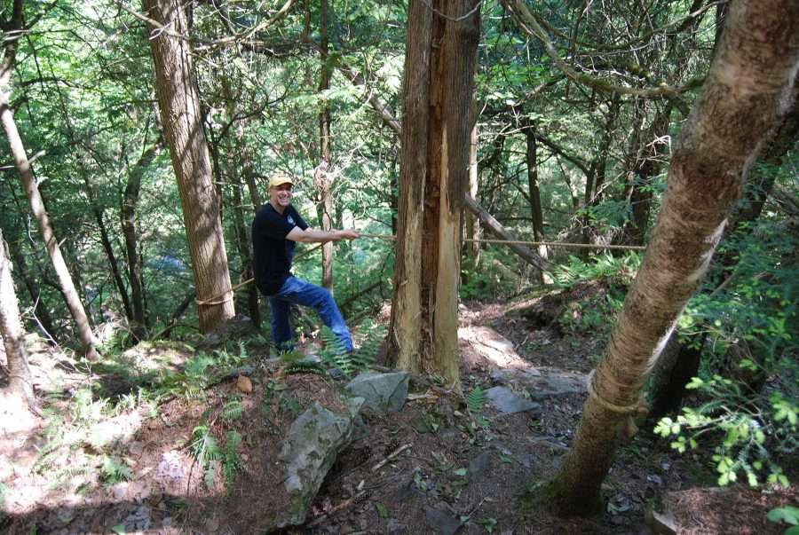 Brian Carl descends into the Gulf using rope that someone has placed between the trees.