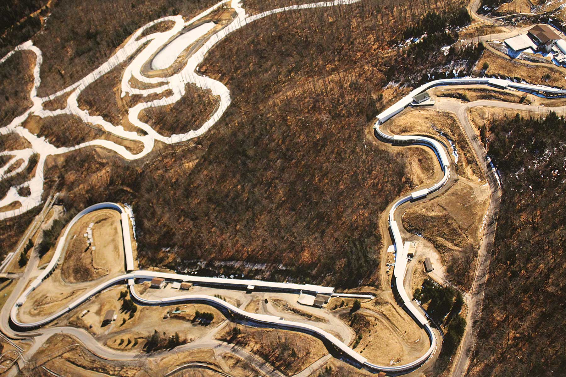Aerial shot of bobsled run at Mount Van Hoevenberg