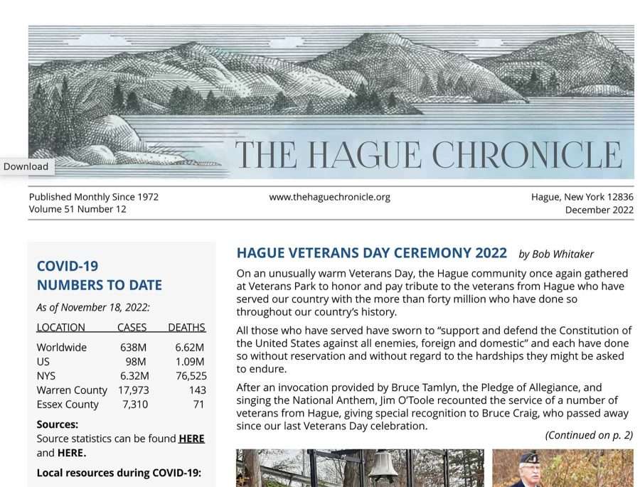 A shot of the cover of the December 2022 issue of the Hague Chronicle