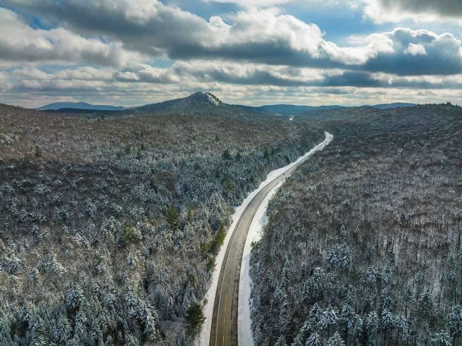 An aerial shot of Coney Mountain in winter