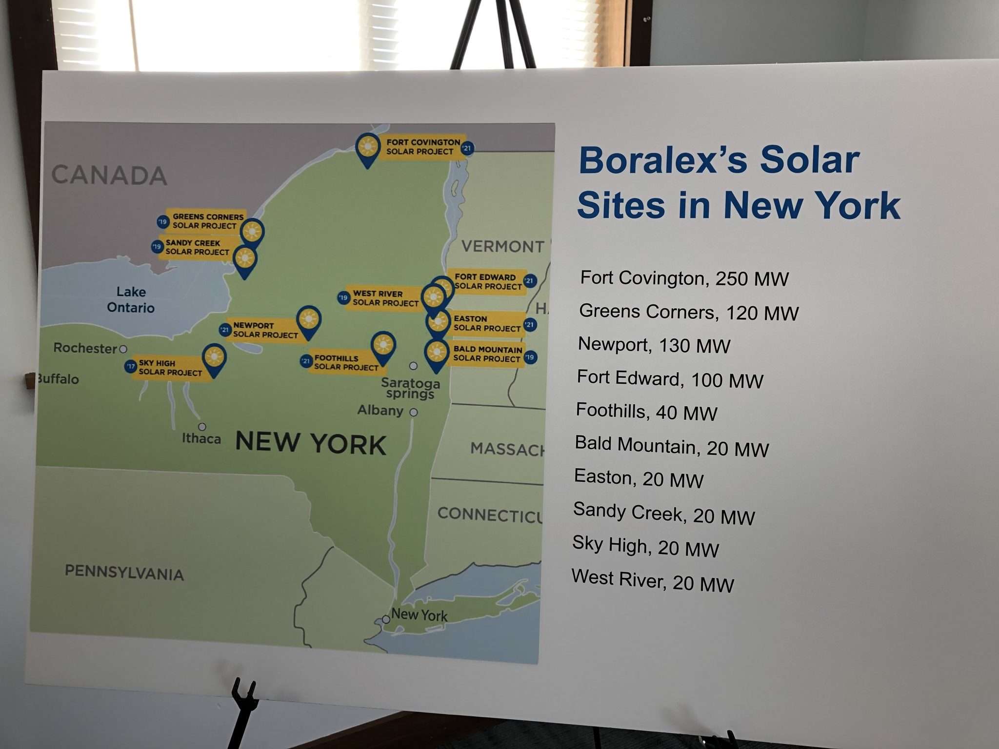 A map shows solar developer Boralex's project sites in New York