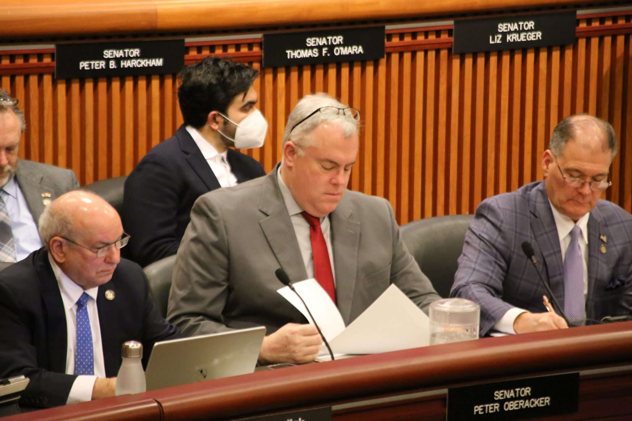 State Sen. Dan Stec reads papers during the 2023 joint budget hearing on agriculture, environmental conservation and energy