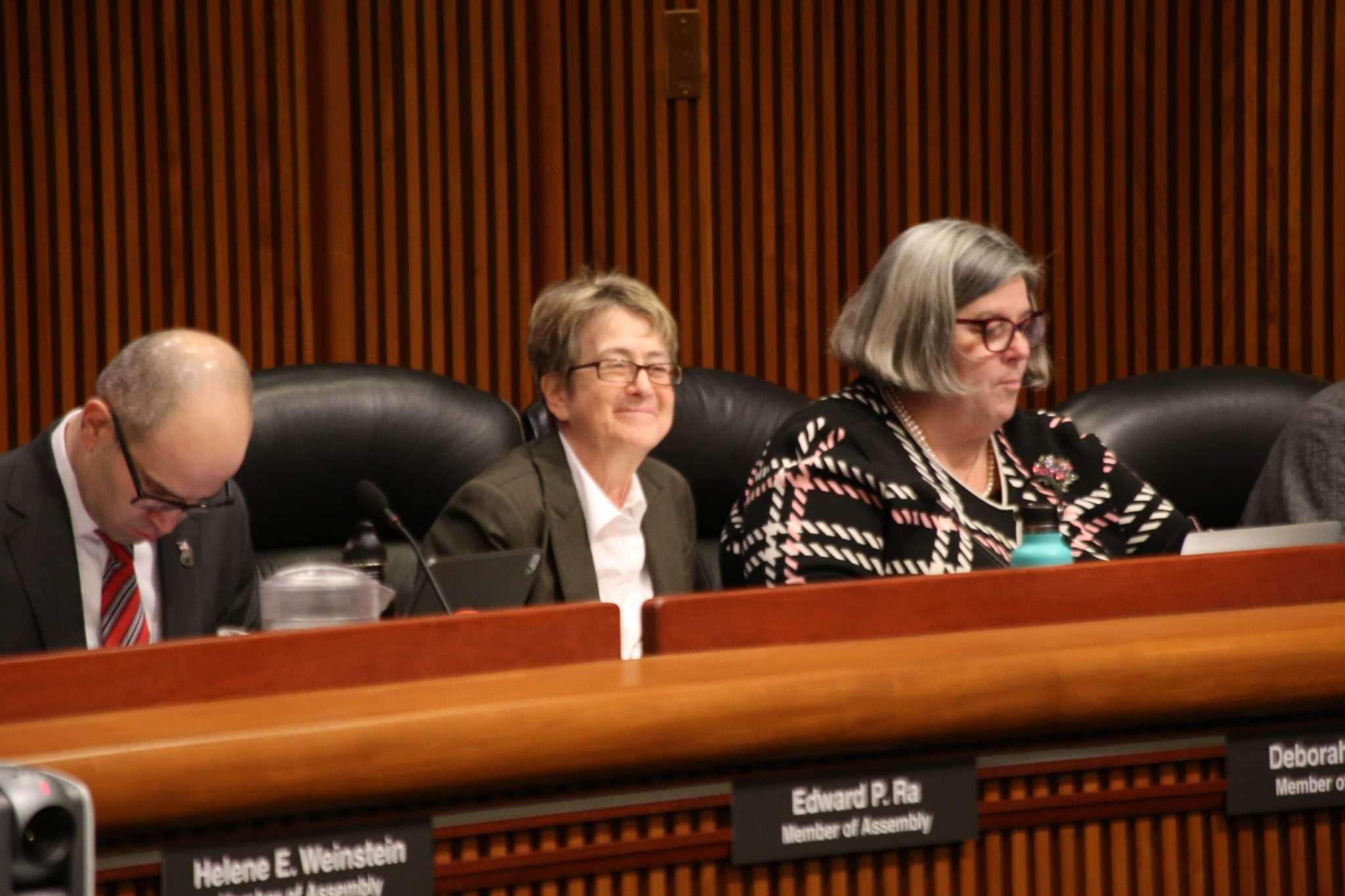 Chair of the state Assembly's Environmental Conservation Committee Deb Glick, second from the left, listens on Feb. 14 to the 2023 joint budget hearing on agriculture, environmental conservation and energy at the New York State Capitol in Albany. Photo by Gwendolyn Craig