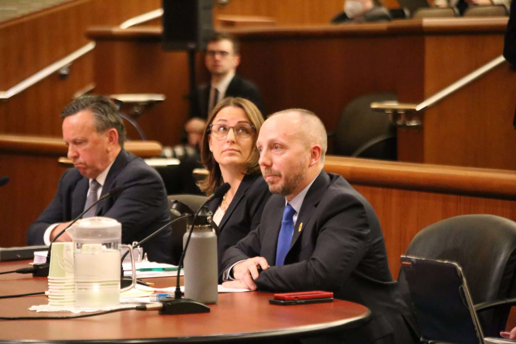 From left, Justin Driscoll, acting president and CEO of the New York Power Authority; Doreen Harris, president and CEO of the New York State Energy Research and Development Authority; and Basil Seggos, commissioner of the state Department of Environmental Conservation, testify before lawmakers during a joint budget hearing on Feb. 14 in the New York State Capitol in Albany.