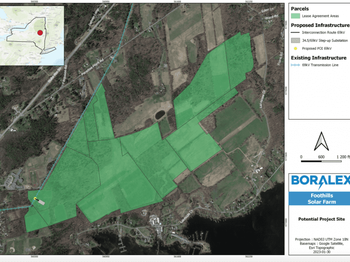 A map shows plans for Boralex's Foothills Solar Farm, 40-megawatt project located in the Town of Mayfield, in Fulton County. Map courtesy of Boralex meeting materials