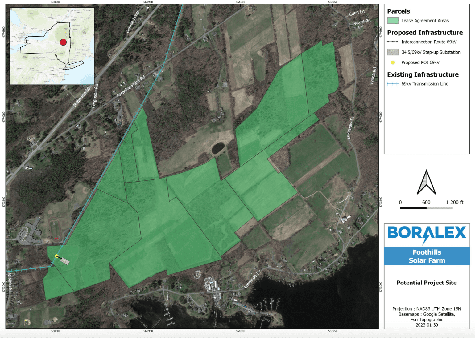 A map shows plans for Boralex's Foothills Solar Farm, 40-megawatt project located in the Town of Mayfield, in Fulton County. Map courtesy of Boralex meeting materials