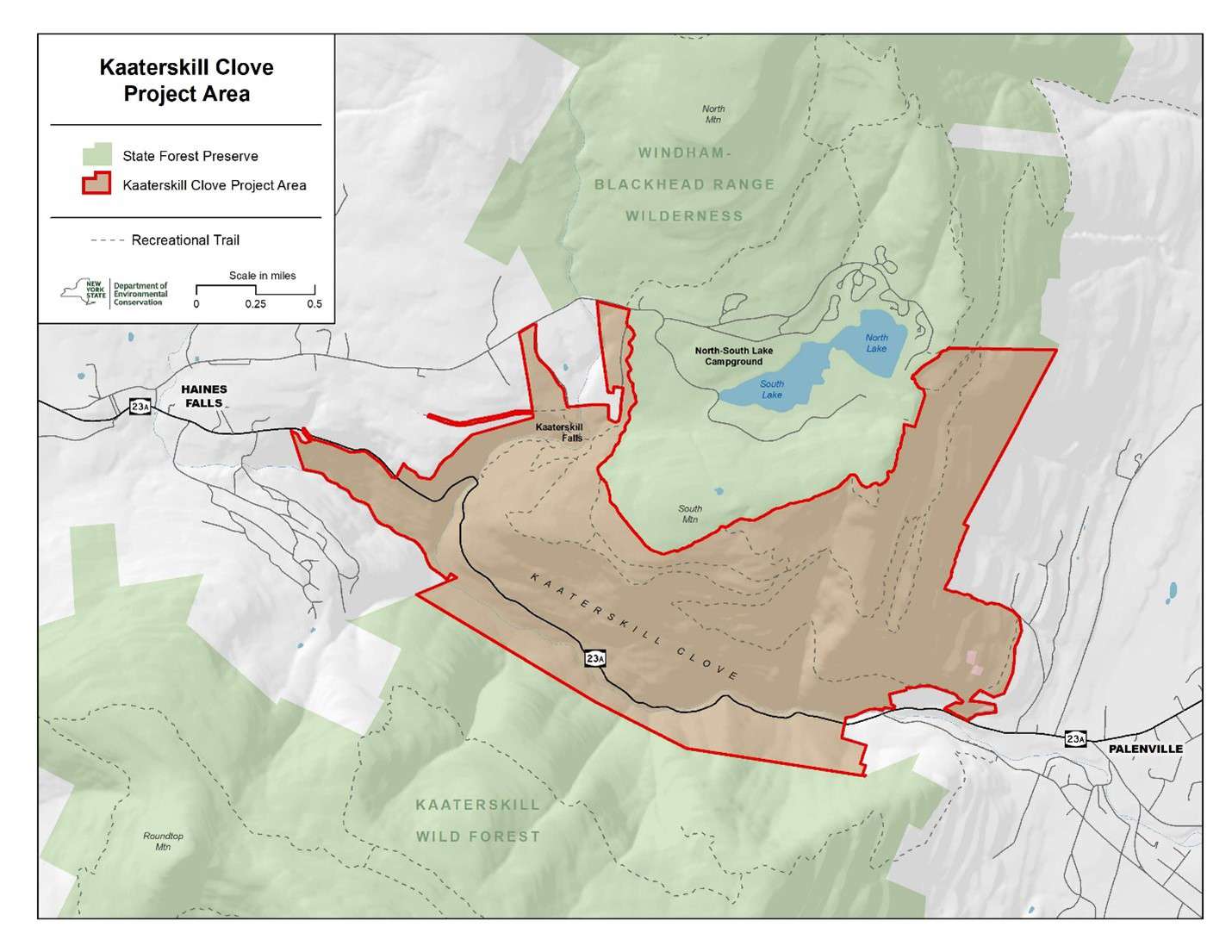 A map shows the visitor use management project area for the Kaaterskill Clove area of the Catskill Park.