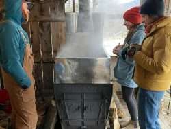 People gathered around a maple syrup evaporator