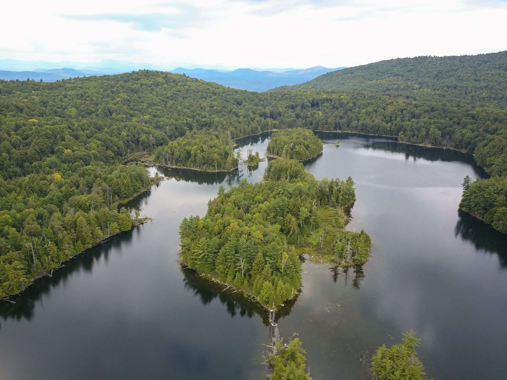 An aerial view of islands on former Boy Scout camp property on Crossett Lake in Washington County.