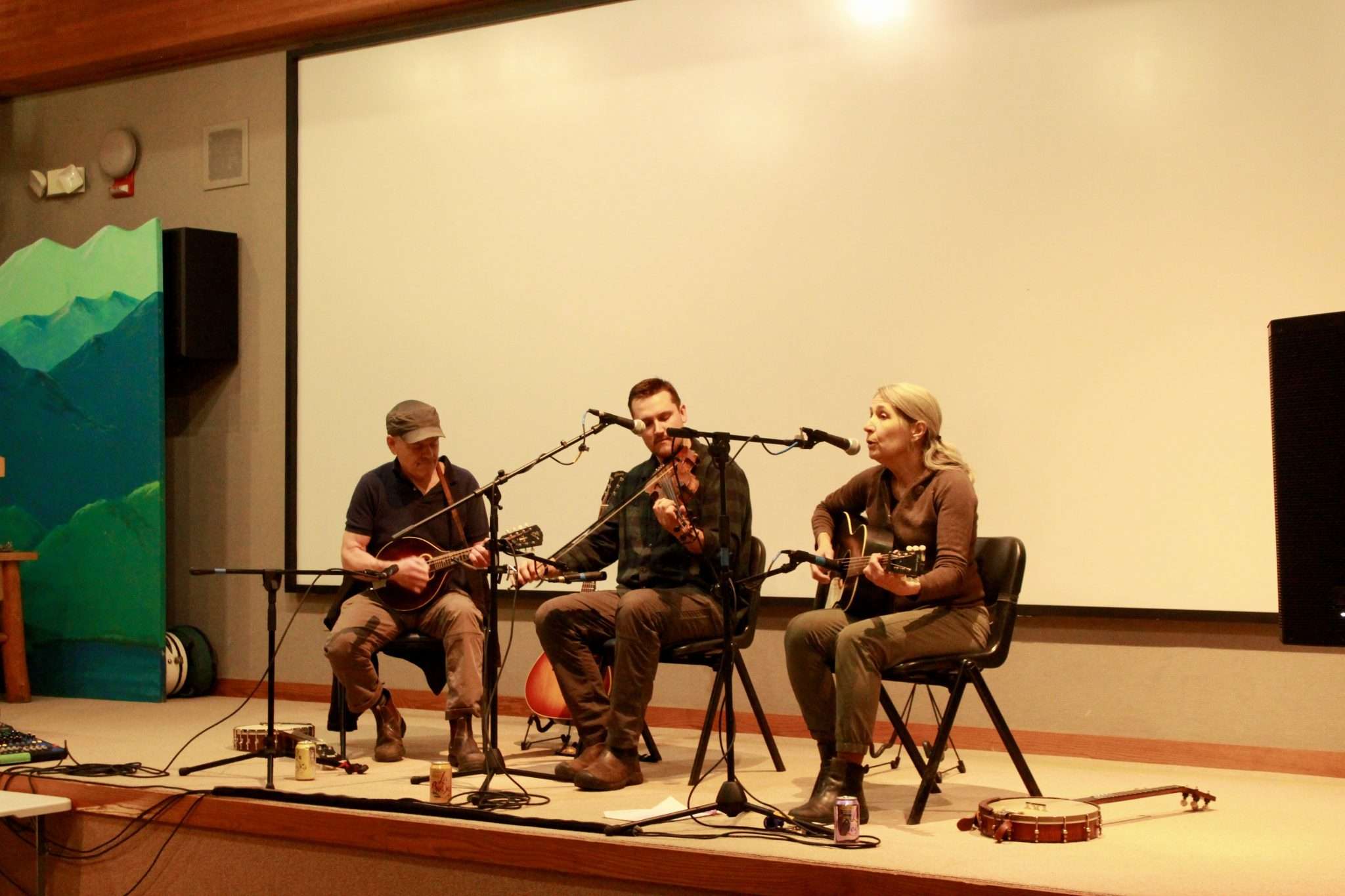 A band plays music with a fiddle and other instruments on stage at the VIC.