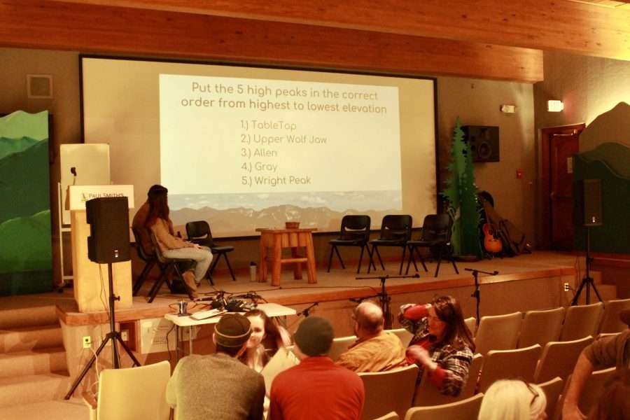 A question on a slideshow asks participants to order five of the highest peaks in the Adirondacks by highest to lowest elevation.