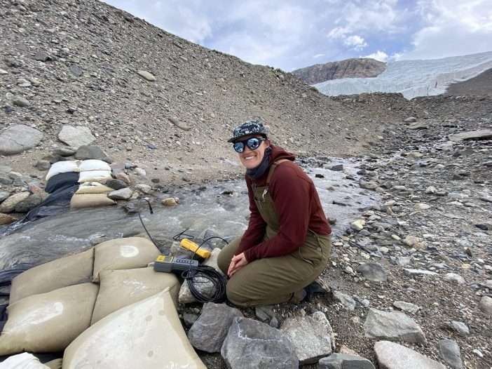 Lija Treibergs conducts research in Antarctica wearing goggles.
