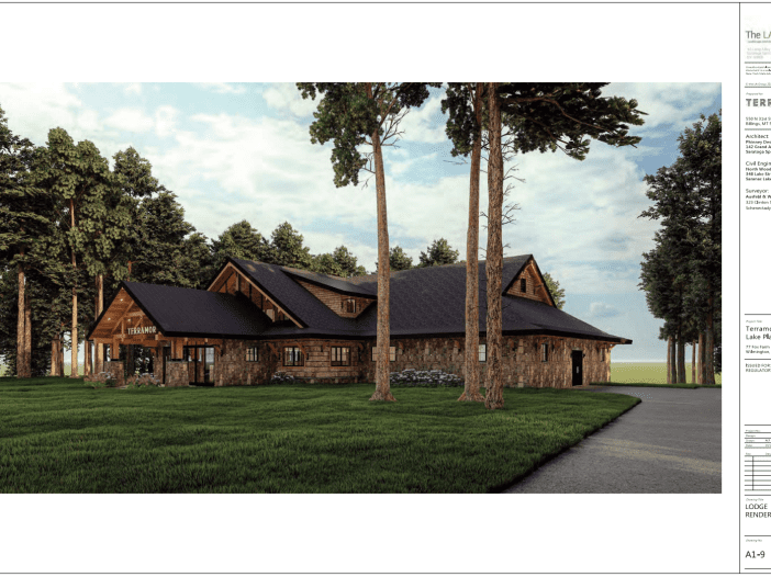 A rendering shows a lodge proposed as part of Kampgrounds of America and Terramor Outdoor Resort's Adirondacks project.